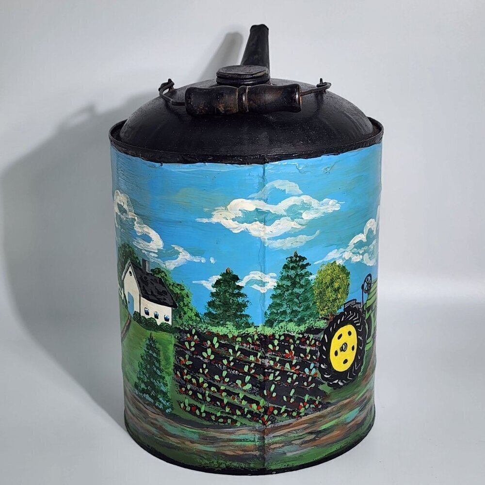 Hand Painted Vintage Metal Oil Can Farm Scene John Deere Tractor Route 66 Art - Picture 4 of 12